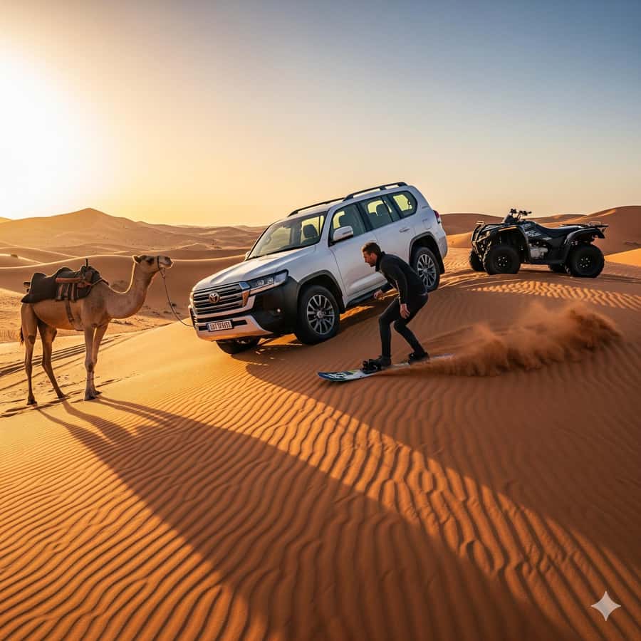 Doha: Safari, Camel Ride, Sand boarding and Inland Sea Tour - Dune bashing in a 4WD Land Cruiser