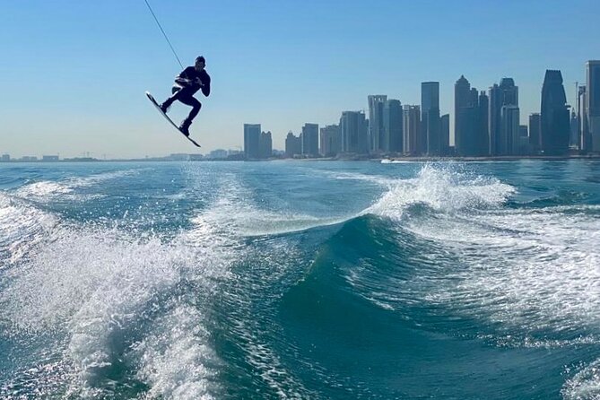 Private Wakesurfing or Wakeboarding along Doha's skyline - Returning to Porto Arabia after the session
